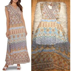 RAGA Boho Folk Mixed Floral Geometric Print Sheer Multicolor Wrap Maxi Dress XS